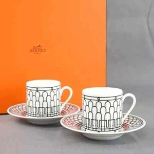 Hermes H Deco Par De Taza Café Y Platillos #P037017P Marca Nib Save $ Francesa F - Imagen 1 de 5