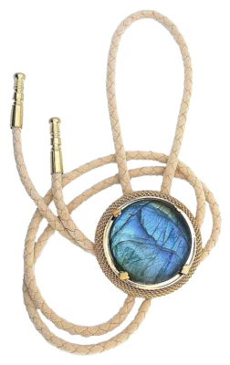 34MM LABRADORITE SPECTROLITE ROUND CABOCHON GOLD MESH BOLO TIE EBS4795/91624 - Image 1 of 2