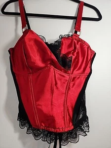 Red Bustier Corset Underwire Bra Top Black Lace Trim & Boning Cacique Size 14~16 - Picture 1 of 13