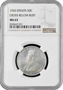 Straits Settlements 50 cents 1920, NGC MS63, "King George V (1911 - 1935)" - Picture 1 of 2