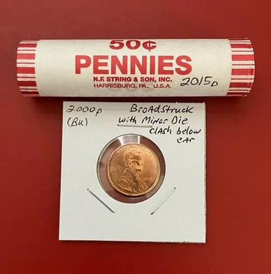 2000 p Lincoln Cent Minor Broad Strike/Die Clash below Ear and 1 roll 2015 D BU - Image 1 of 4