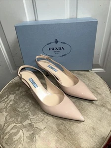 new Prada Women's Blush/Nude Slingback Kitten patent leather Heels shoes Sz 39 - Picture 1 of 16