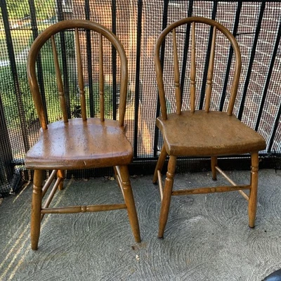 Antique Hoop Back Windsor Chairs 1850s Slat Back Rustic Farm Local Pickup Set 2 - Image 1 of 4