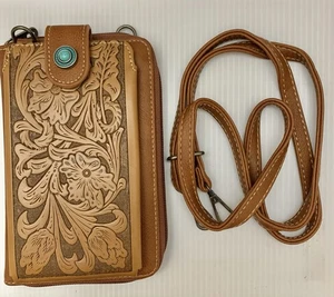 Portafoglio a tracolla Montana West porta telefono pelle lavorata zip floreale NUOVO - Foto 1 di 8