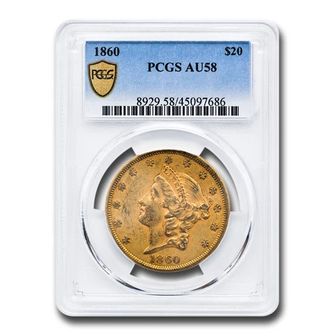 1860 $20 Liberty Gold Double Eagle AU-58 PCGS Cover