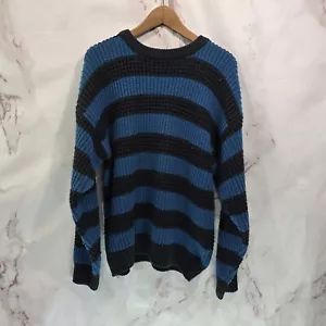 Vintage Sweater Mens Large Blue Black Striped Crew Neck 90s Raglan Punk Grunge - Picture 1 of 10