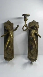 ANTIQUE BRASS CURTAIN TIES HANDLES PAIR CANDLE WALL SCONCES CUPID ANGEL STATUES - Picture 1 of 12