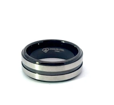 Bicolore Acciaio Inox 8mm Nero Centrale Gola Passo Bordi Fedina - Immagine 1 di 4