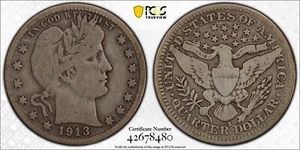 1913-S 25C Barber Quarter PCGS VG10 (CAC) - Picture 1 of 3