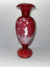Vtg Mary Gregory Victorian Hand Painted Red Glass Vase Girl Balloon - Read