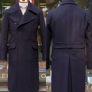 Navy Blue Wool Blend Men Overcoat Double Breasted with Belt Winter Long Coat - Picture 1 of 6