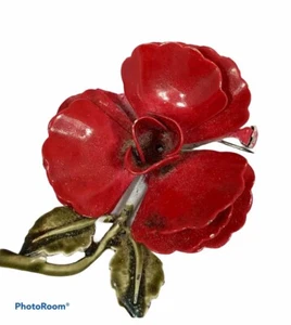Red Enamel Rose Flower Brooch Estate Jewelry Retro Mid Century Lapel Pin - Picture 1 of 6
