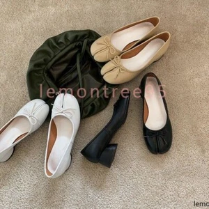 Women's Leather Bowtie new Split Toe Pumps Loafer Mid Heel Ballet Court Shoes - Picture 1 of 15