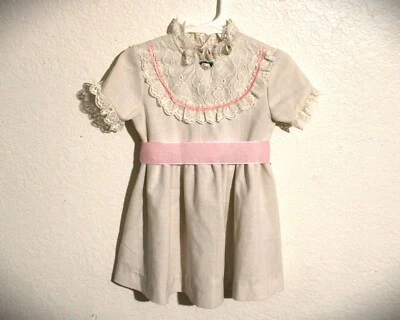 Vintage Handmade Ivory Linen Baby Girl Dress, Infant, Pink and Lace detail, Vict - Image 1 of 3