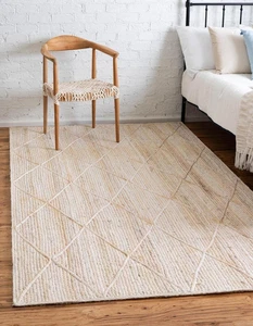Hand Braided Custom Size Beige Jute Rug with Diamond Pattern Large Area Rug - Picture 1 of 8