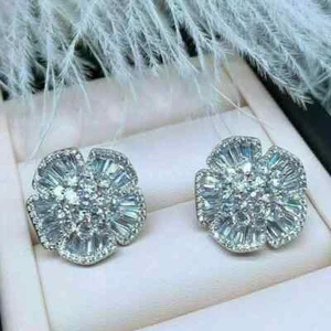 3Ct Lab Created VVS1/D Diamond Cluster Flower Stud Earrings 14K White Gold Over - Picture 1 of 3