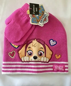 PAW Patrol Beanie And Mittens Set, Size 2T - 5T, Solid / Stripes Pink - Picture 1 of 6