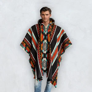 Thick Wool Poncho Hooded Black Red Unisex Soft Natural Wool Native Design Navajo - Picture 1 of 11