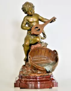 AUGUSTE MOREAU BRONZE LUTE PLAYER AT WATER BUCKET ON RED ITALIAN MARBLE! SIGNED! - Picture 1 of 10