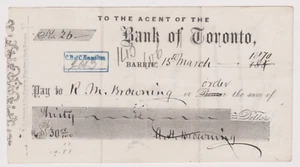 1870 'Bank of Toronto' Barrie Branch Check Cheque 1870 - Picture 1 of 1