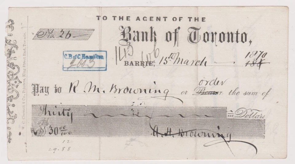1870 'Bank of Toronto' Barrie Branch Check Cheque 1870 - Image 1 of 1