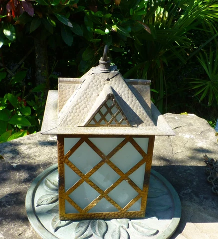 Vintage Brass Porch Lantern Arts & Crafts frosted glass Gothic Cover