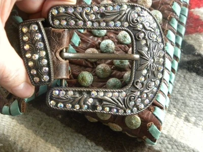 CINTURÓN DE CUERO KURTMEN LEO MARRÓN Y TURQUESA CINTURÓN DE CUERO XS 4" ANCHO! Foto 1 de 4