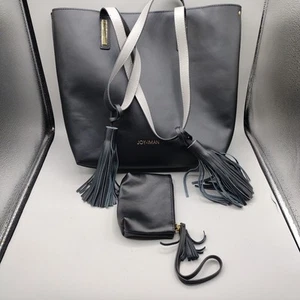 JOY & IMAN Tassel Real Leather Handbag Tote with Fabric Insert, Black - Picture 1 of 19