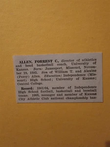 Phog Forrest Allen University of Kansas Basketball 1928 AllAmerican Sports Panel - Bild 1 von 1