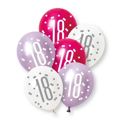 Age 18 Party Balloons Pink Lilac White Latex 18th Birthday Party Decorations x 6 - Image 1 of 2