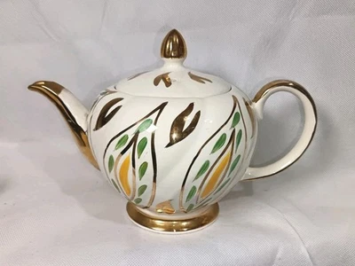 Mid Century Ellgreave Burslem Leaf Pattern Ironstone Teapot W/ Gold Accents - Image 1 of 4