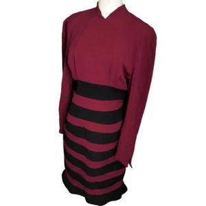 Vintage 80s Covers Burgundy & Black Stripe Long Sleeve Wool Pencil Dress Size 12 - Picture 1 of 8