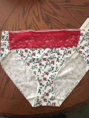 Soma Vanishing Edge Cotton Blend w/Lace High Leg NWT Holly Berries Ivory/Red L - Image 1 of 4