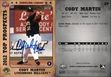 Cody Martin Signed 2012 Choice Carolina League Top Prospects Card Auto AU