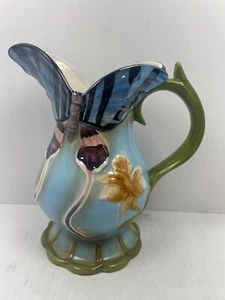 BEAUTIFUL Butterfly Pitcher Spring Floral Footed Jug Vase Easter Vintage New - Picture 1 of 9
