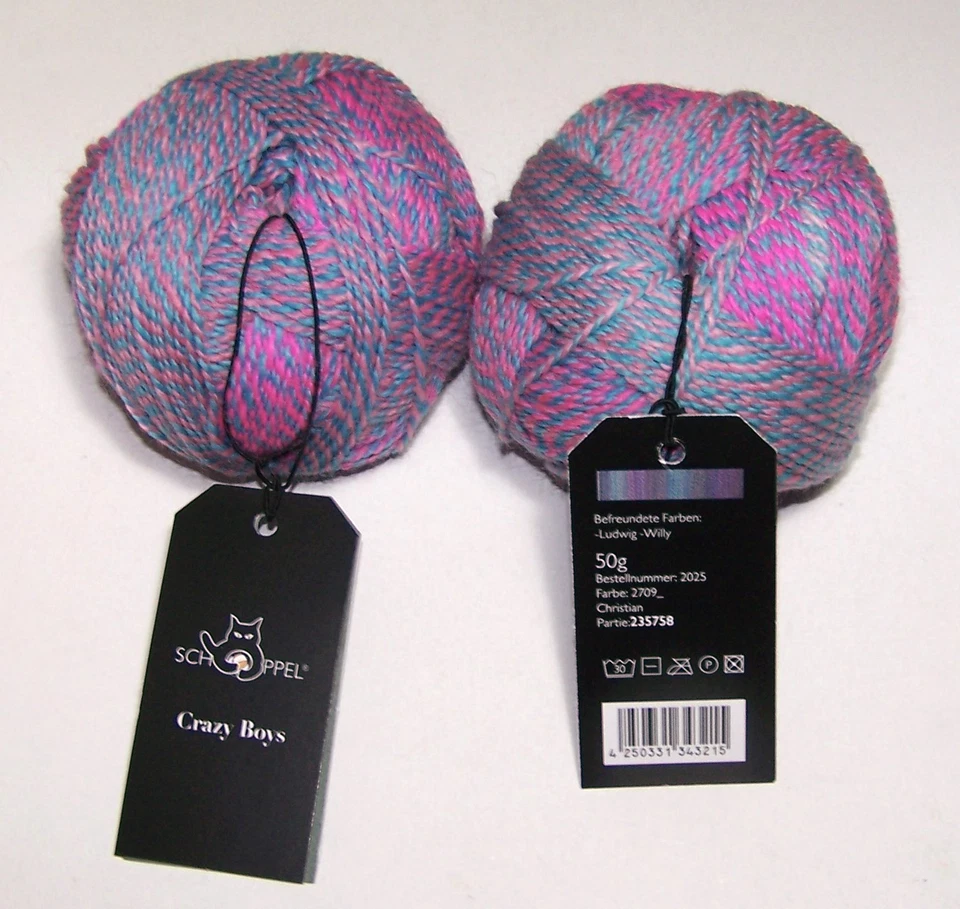 Lot of Two 50gm balls Schoppel CRAZY BOYS Fingering Sock Yarn #2709 PINK & BLUE - Image 1 of 1