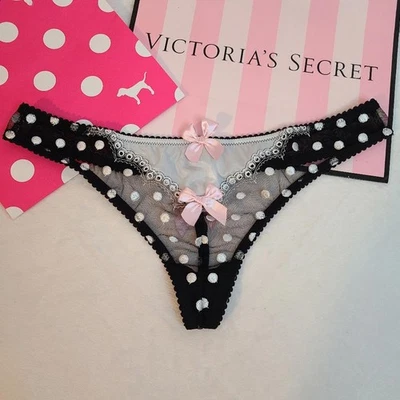 VTG VS Very Sexy Polka-dot Satin Bow Low Rise Thong Panty Size M - Image 1 of 4