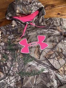 Under Armour Camo Hoodie Women Medium Loose Pink Logo Realtree Hooded Sweatshirt - Picture 1 of 8