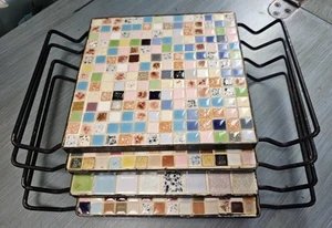 Vintage Mosaic Tile Trivets, 4 Handmade Hot Pads, Kitchen Square w Handles, USA! - Picture 1 of 10