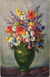 Vintage Postkarte Künstler signiert Hugo Oehme Blumen in Vase - Bild 1 von 2
