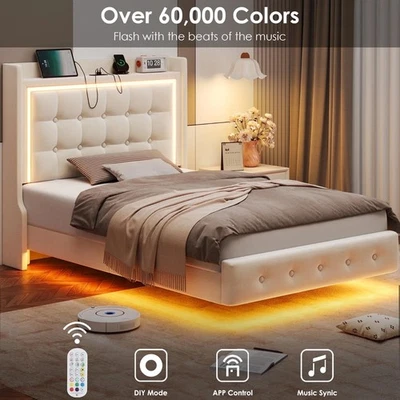 Modern Twin Size Floating Platform Bed Frame RGB LED Lights USB Hub Upholstered - Image 1 of 4