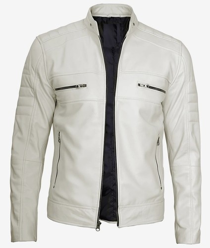 OFF WHITE Giacca in pelle uomo retrò cafe racer finitura liscia bianco sporco con look audace