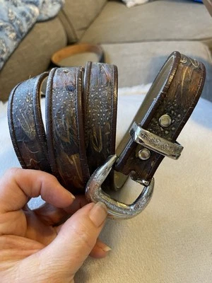 Genuine Peacock  Feather Belt Leather ART 9036 Brown  Silver Buckle M/L  SZ 47 - Image 1 of 4