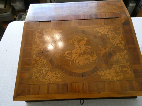 Vintage Large European Sloping Writing Chest Box St. George Wood Inlay Cover
