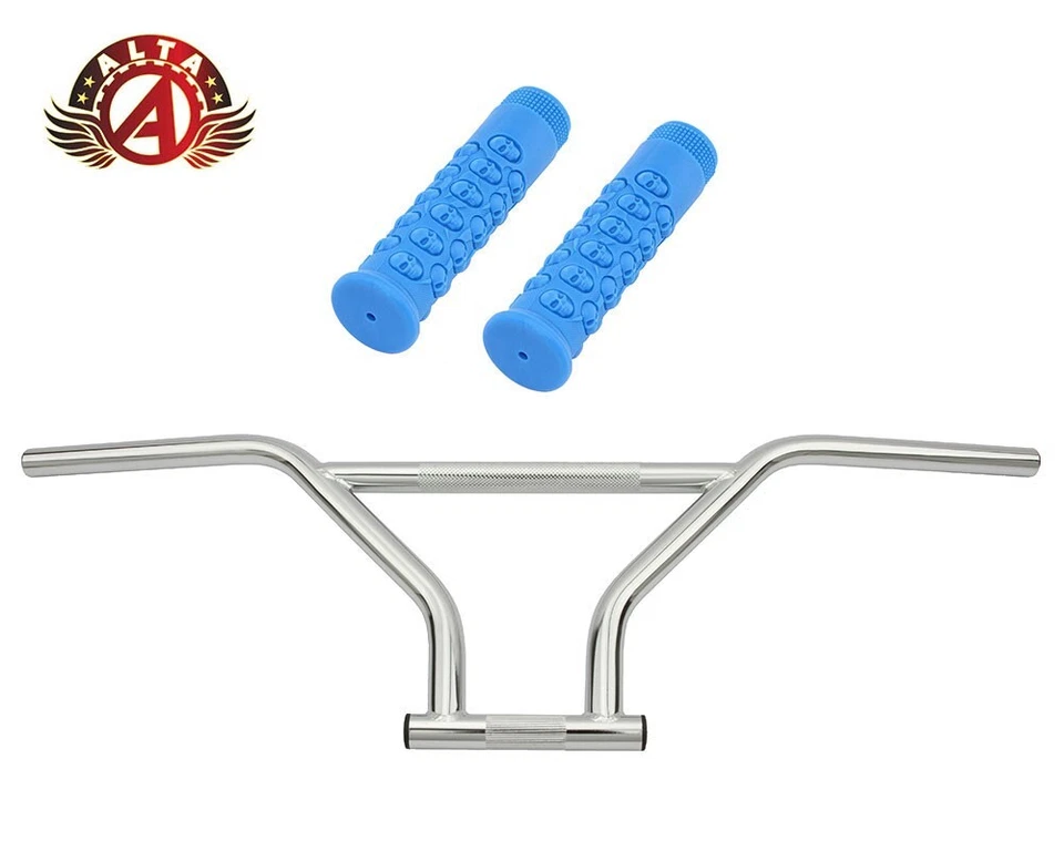 ALTA 4-Piece BMX Handlebar Old School Chrome W/ 116mm SKULL BMX Style GRIPS. - Image 1 of 1