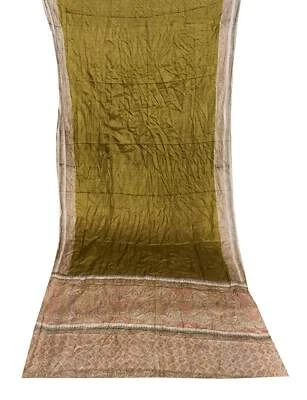 Vintage Saree Floral Printed Craft Sari Sewing Green Fabric Crepe Silk Sari - Image 1 of 3