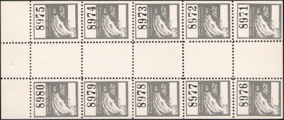 D2K Utah Fishing Stamp 1952 $5.00 - pane/10 - Image 1 of 1