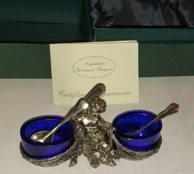 Saliera e pepiera con angioletto in argento 925 e vetro marca Raspini Italy - Immagine 1 di 4