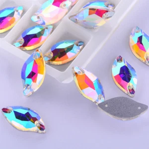 White AB Sew On Glass Crystal Rhinestones Willow leaf shape Flatback Stone Size - Picture 1 of 6