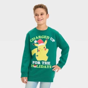 Kids Pokémon Charged Up Pikachu Christmas Sweatshirt - Green, XS #2783 - Picture 1 of 11
